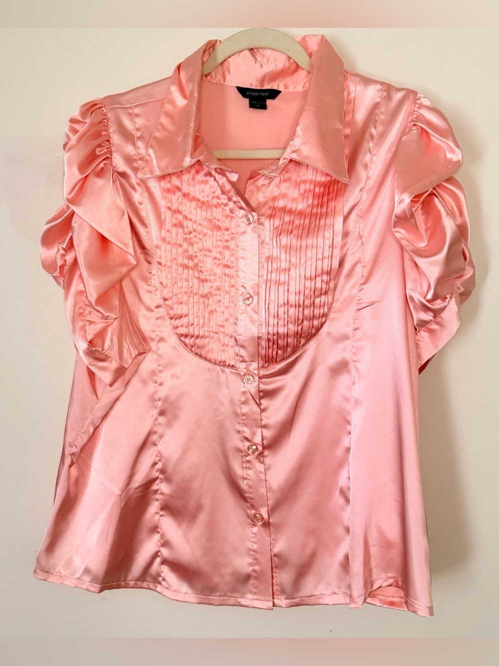 paper tee Pink Satin Ruffle-Sleeve Button Front Blouse